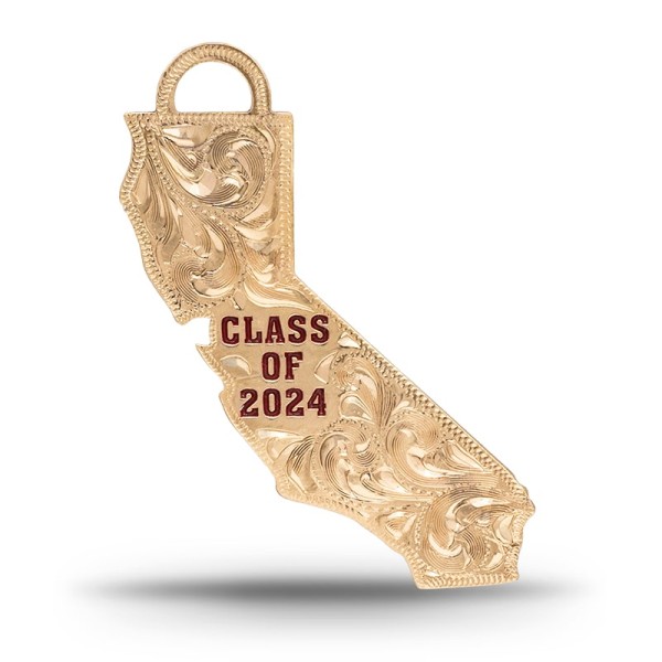 A custom silver tassel charm for 2024 graduates, designed for memorial caps, featuring a California State Shape